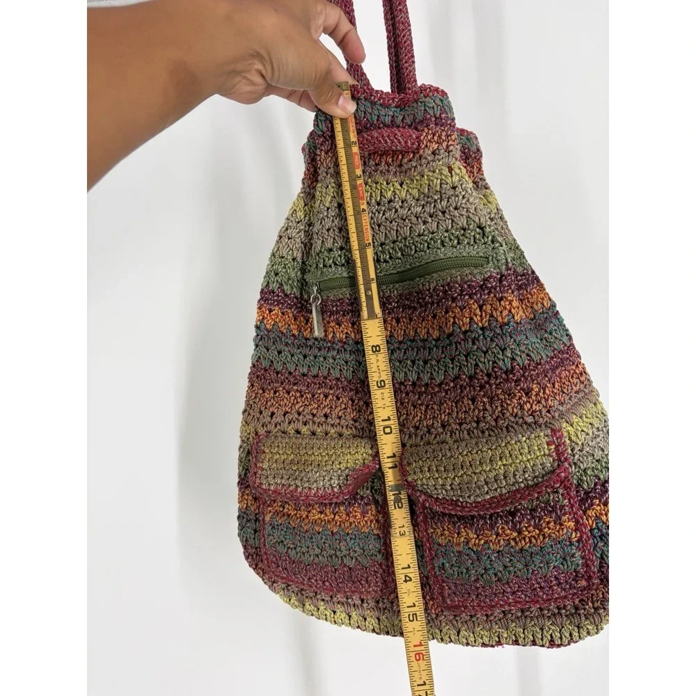 The Sak Boho Crochet Knit Backpack Bag Multicolor Striped Drawstring Purse